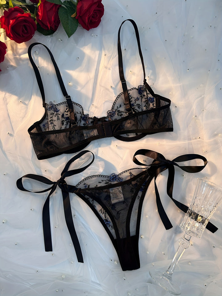 Vynara - Black Embroidered Mesh Lingerie Set