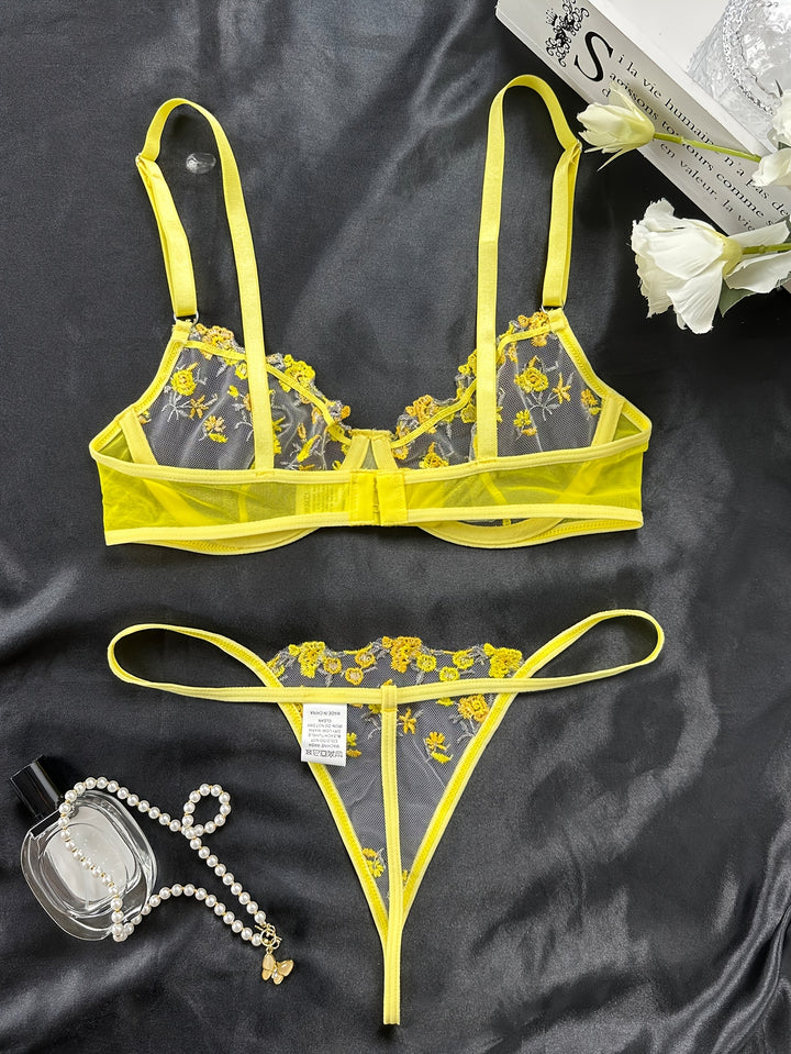 Xavelle - Leaf & Flower Embroidery Mesh Lingerie Set