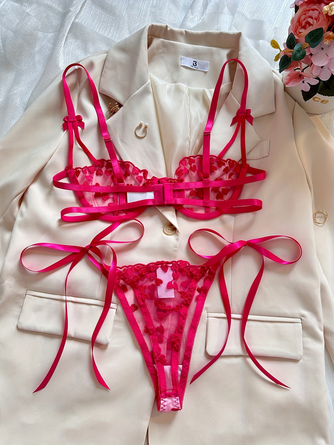 Nyxira - Heart Embroidered Knot Lingerie Set