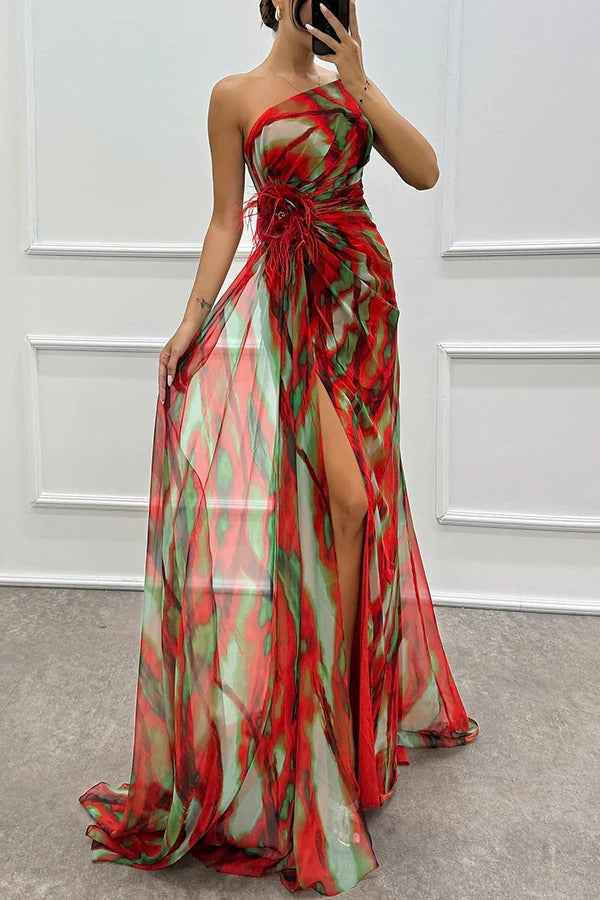 Illyra - Off-Shoulder Slit Printed Maxi Dress