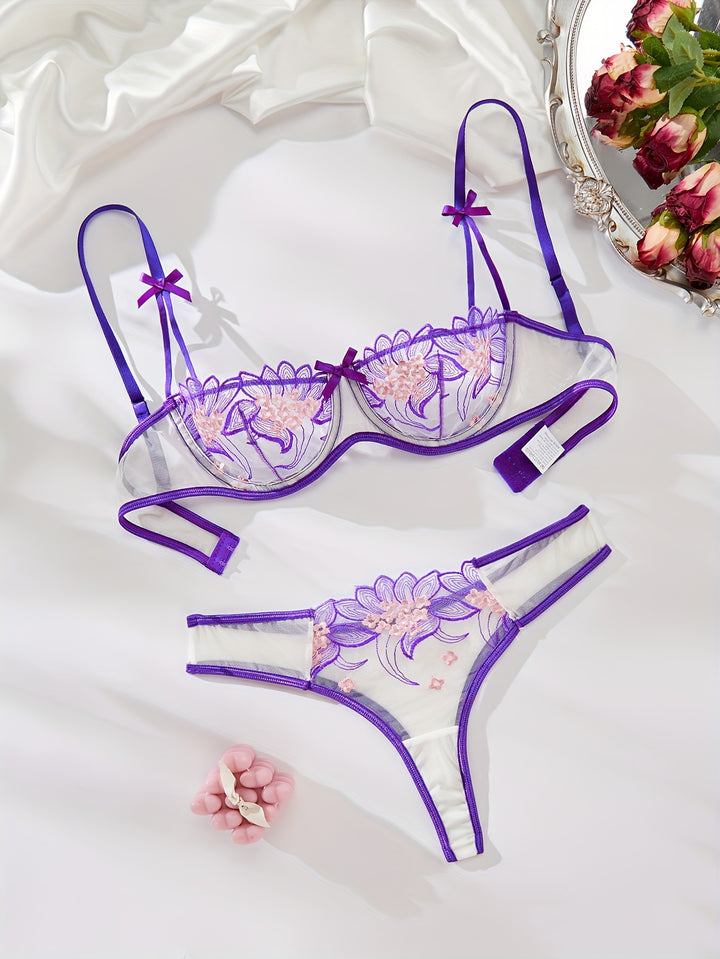 Lyvanna - Purple Bow Floral Lingerie Set