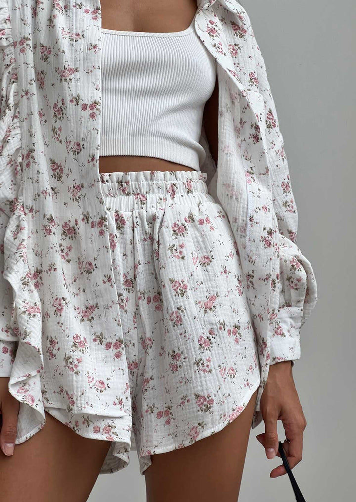 Arlithra - Floral Print Shirt & Shorts Two-Piece Set