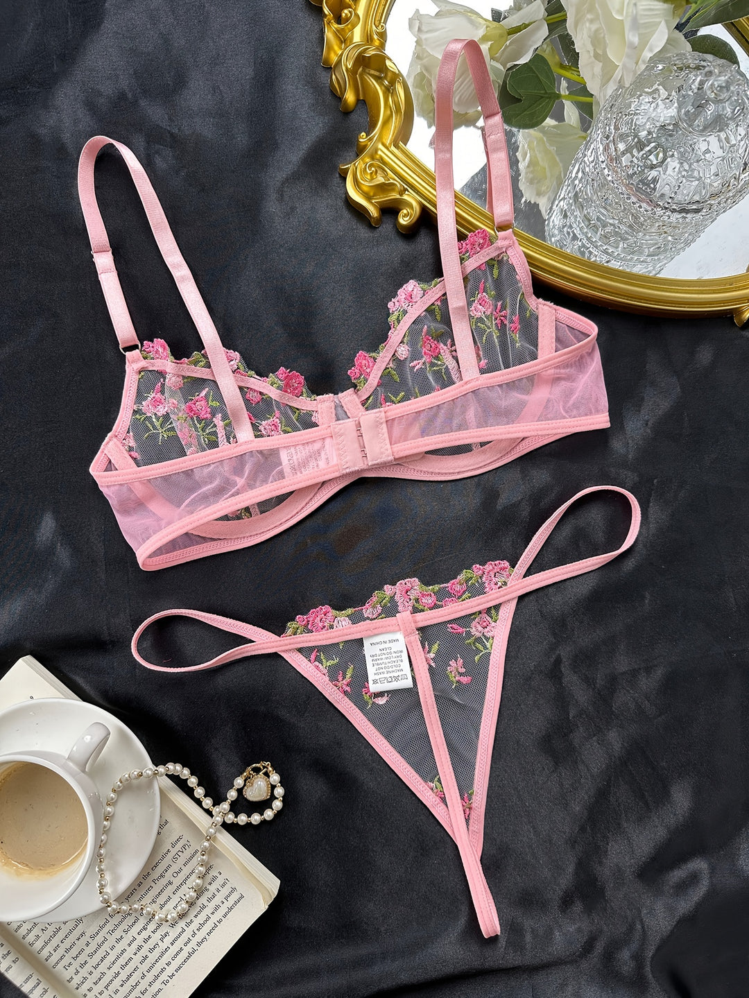 Xavelle - Leaf & Flower Embroidery Mesh Lingerie Set