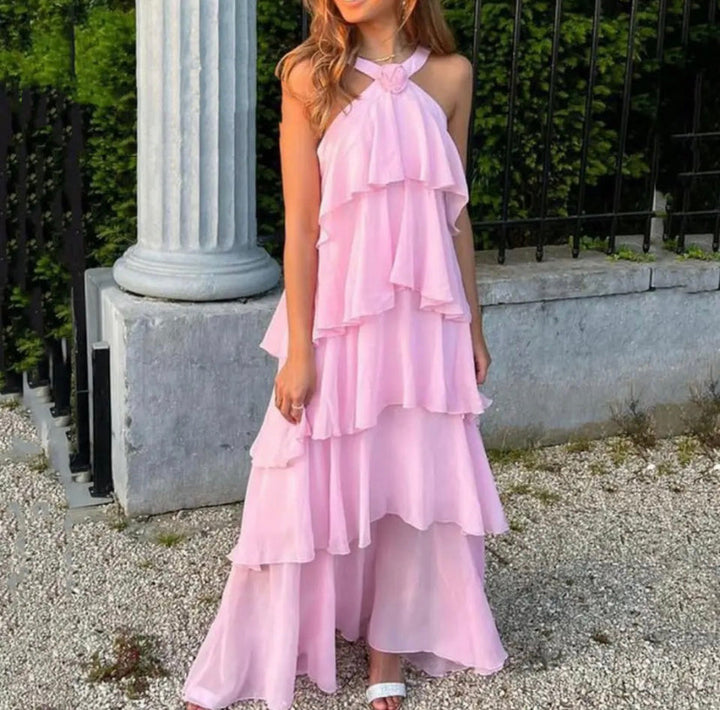 Eryndra - Halterneck Layered Ruffle Maxi Dress