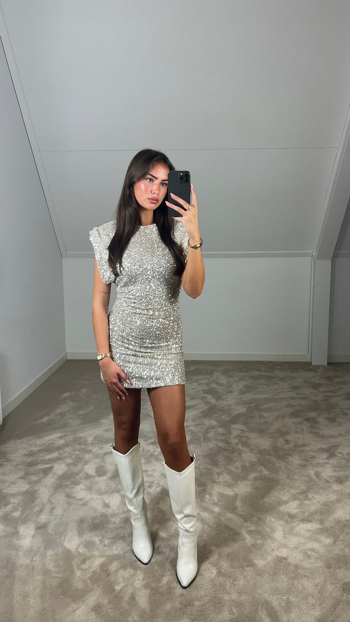 Zalenya - Shoulder Padded Sequins Mini Dress