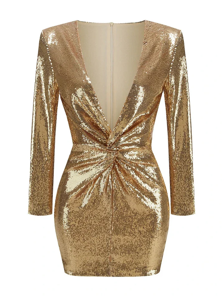 Carysse - Sequins Long Sleeves Fold Mini Dress