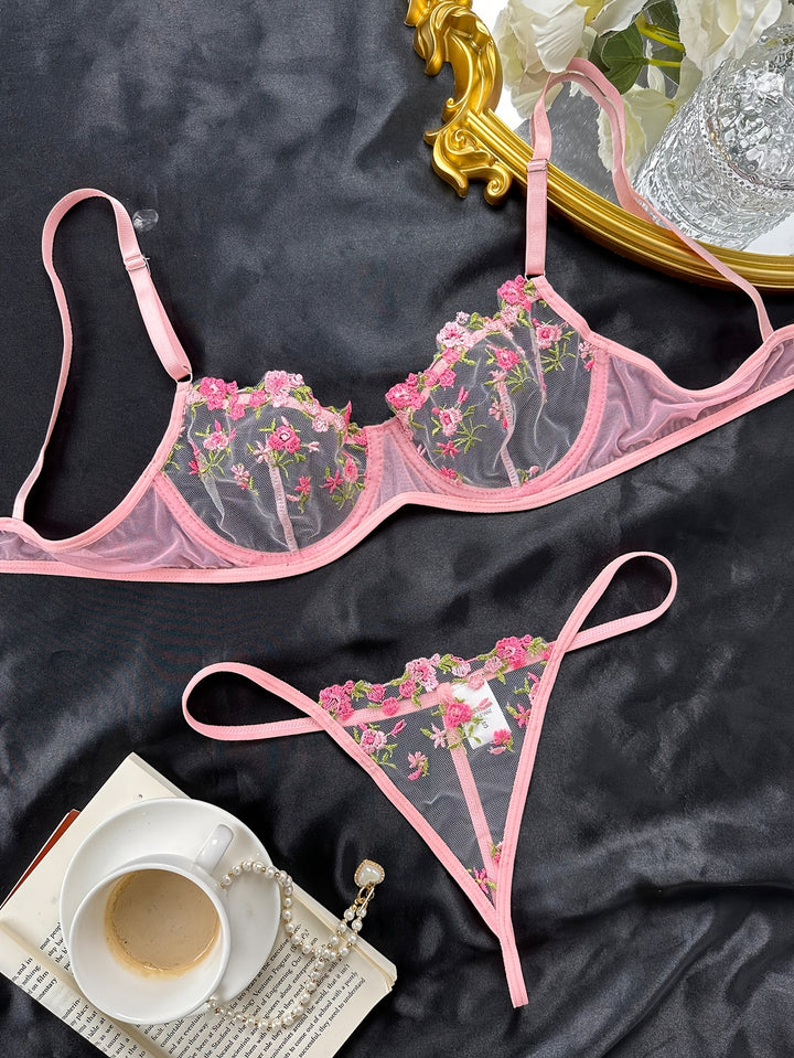 Xavelle - Leaf & Flower Embroidery Mesh Lingerie Set