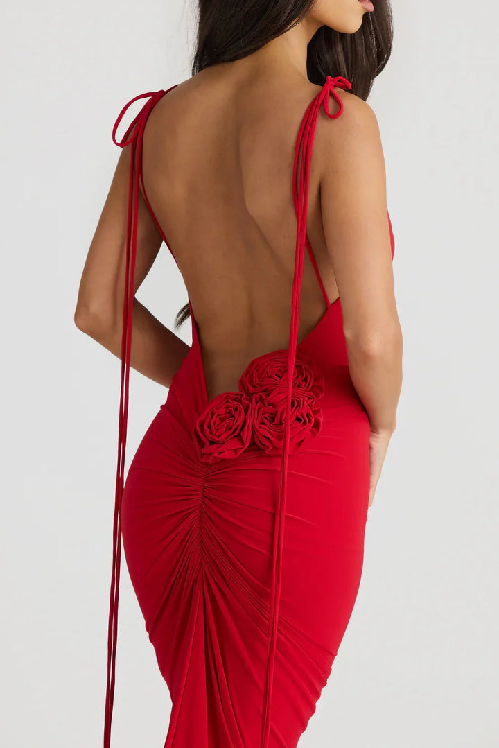 Avenlira - Backless Rose Knot Maxi Dress