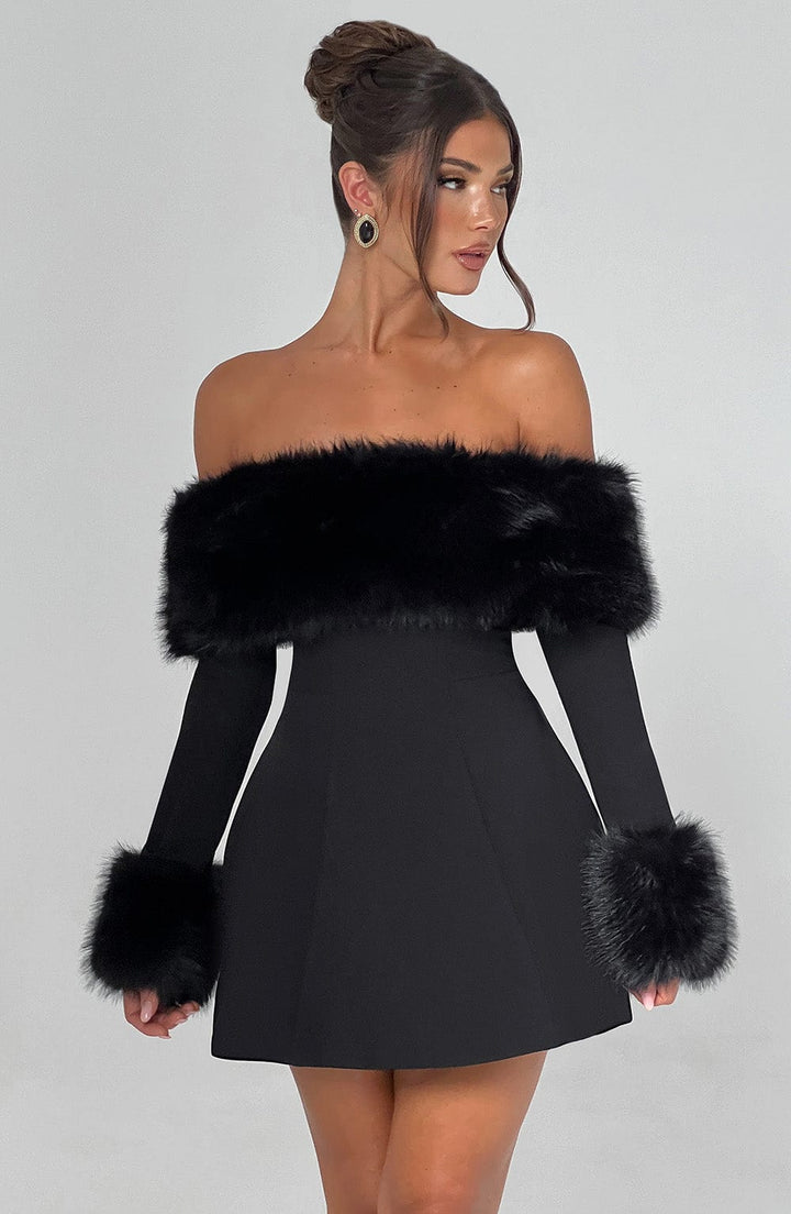 Venyra - Off-Shoulder Fur Sleeve Mini Dress